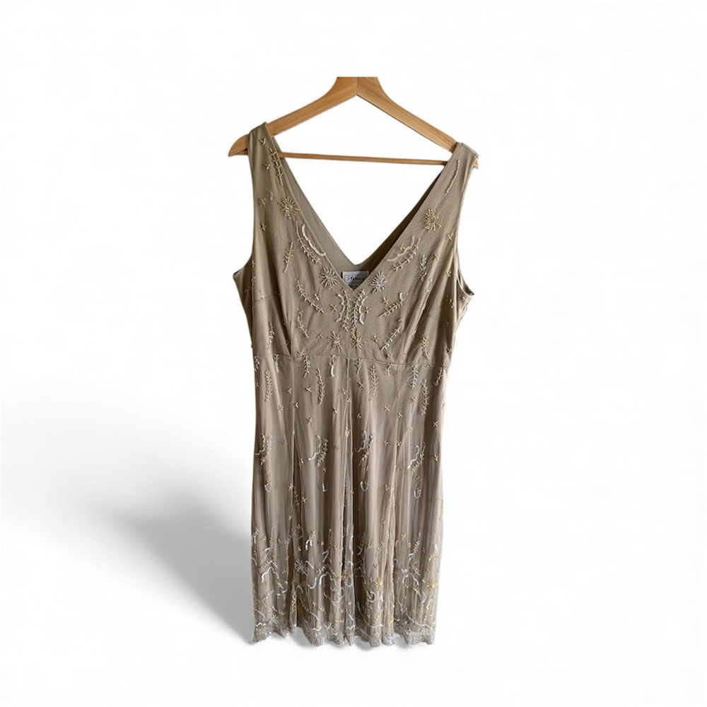 Vtg 90s‎ STENAY Slip Dress L Mesh Taupe Beaded Fairycorre Midi Evening Gown - Picture 2 of 11